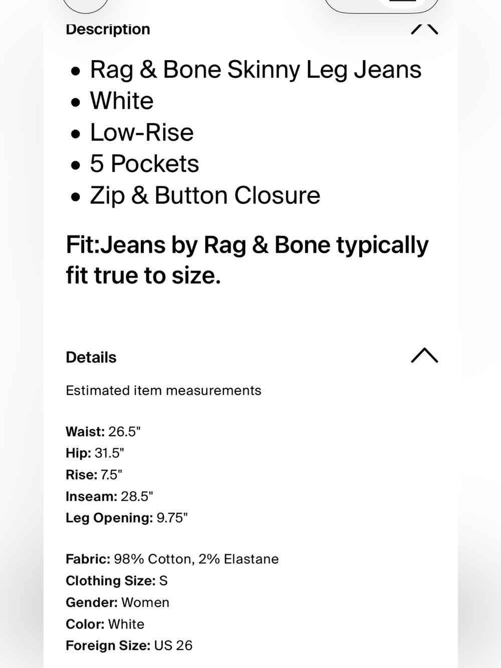 rag & bone White Skinny Jeans - Low Rise Sz 26 - Picture 4 of 6